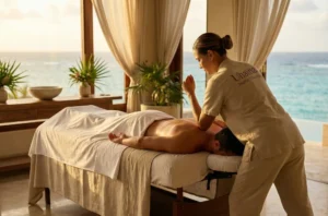 Therapist applying strong forearm pressure during an ultra deep tissue restoration massage in Saint Martin to release chronic muscle tension.