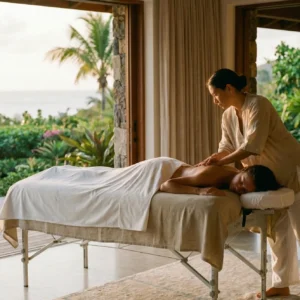 Therapist using forearm technique during a Lomi Lomi Massage Sint Maarten in a private villa.