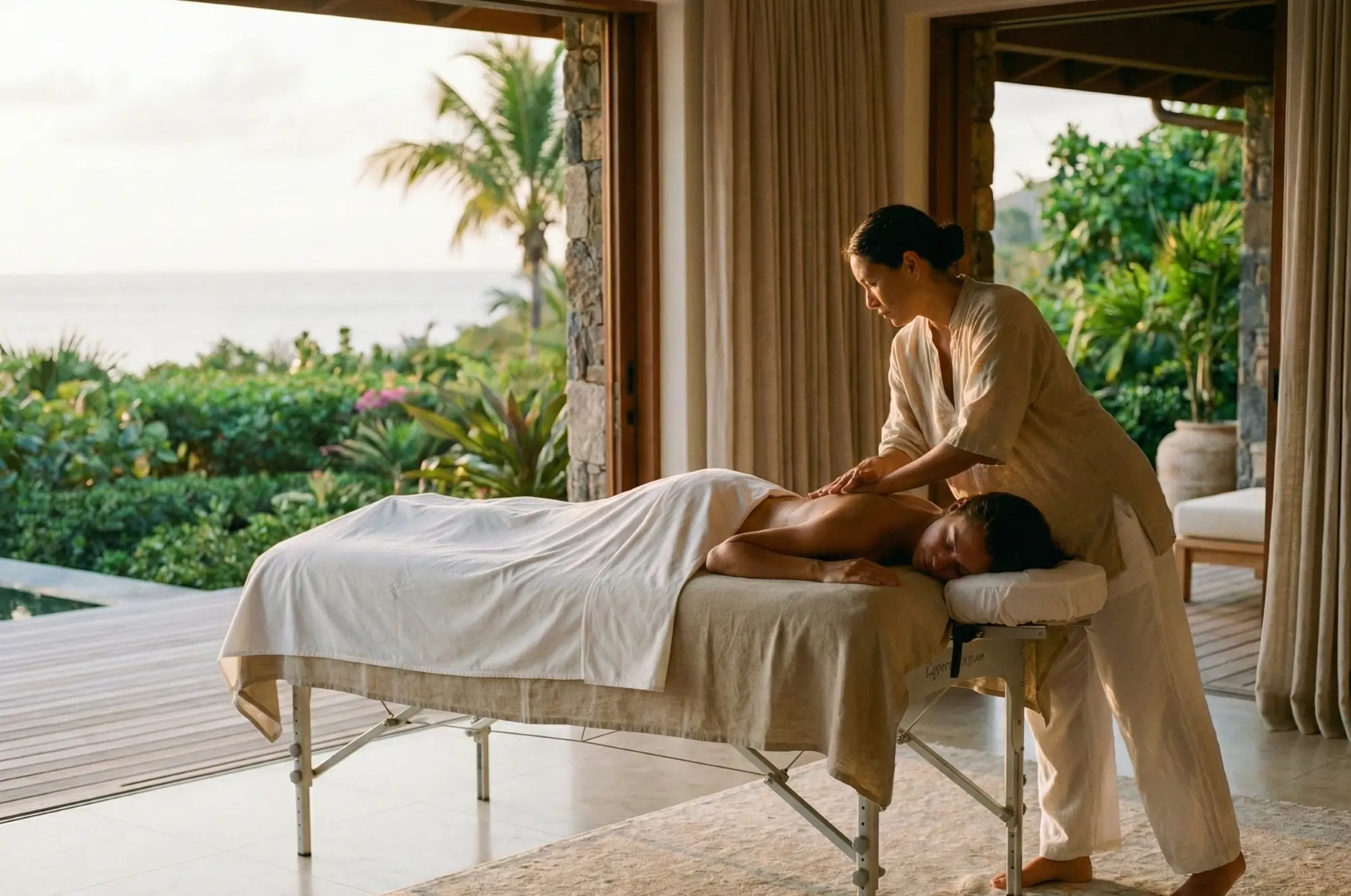 Therapist using forearm technique during a Lomi Lomi Massage Sint Maarten in a private villa.