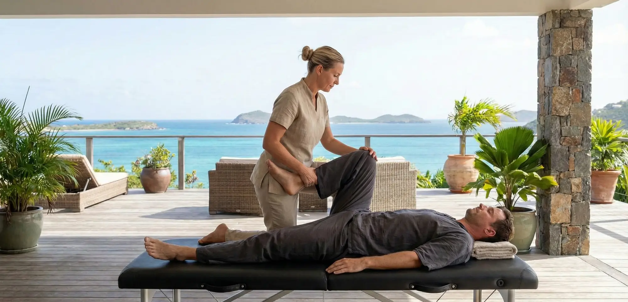 European therapist performing Thai table massage on luxury villa terrace Saint Martin SXM