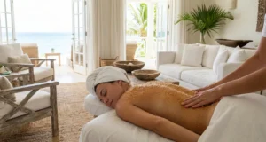 Luxury spa setup for the Caribbean Island Experience Sint Maarten, featuring organic Epsom Salt scrub and fresh coconut oil.