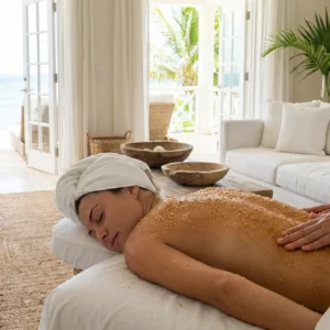 Luxury spa setup for the Caribbean Island Experience Sint Maarten, featuring organic Epsom Salt scrub and fresh coconut oil.