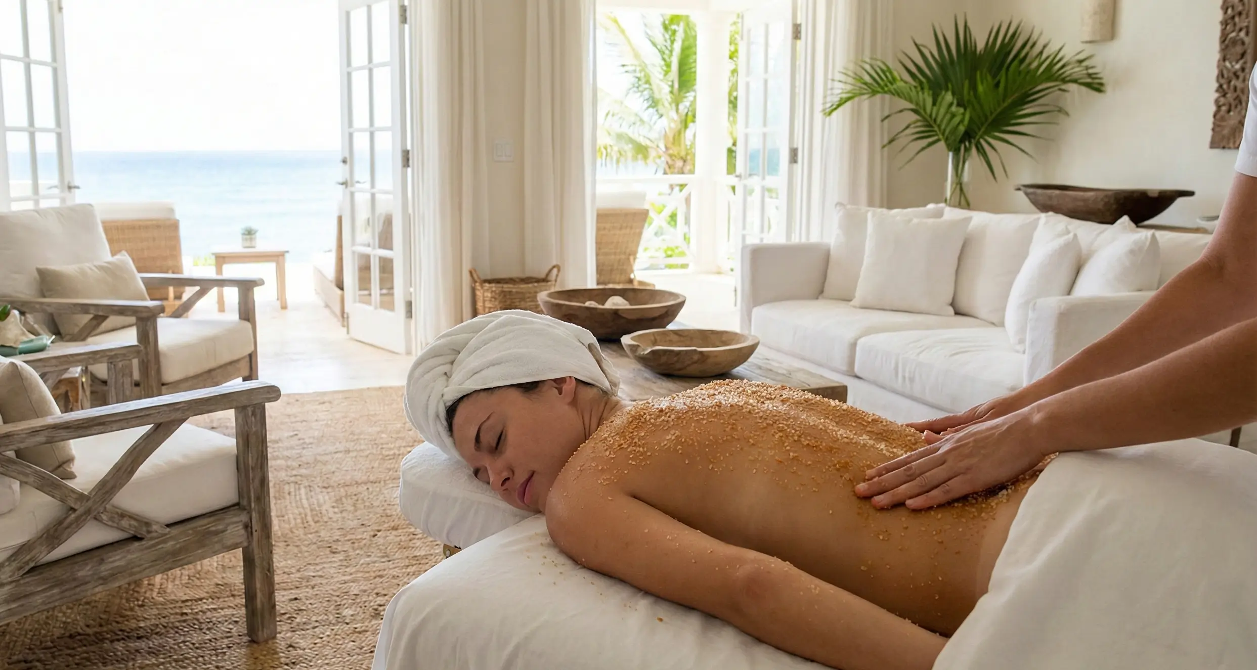 Luxury spa setup for the Caribbean Island Experience Sint Maarten, featuring organic Epsom Salt scrub and fresh coconut oil.