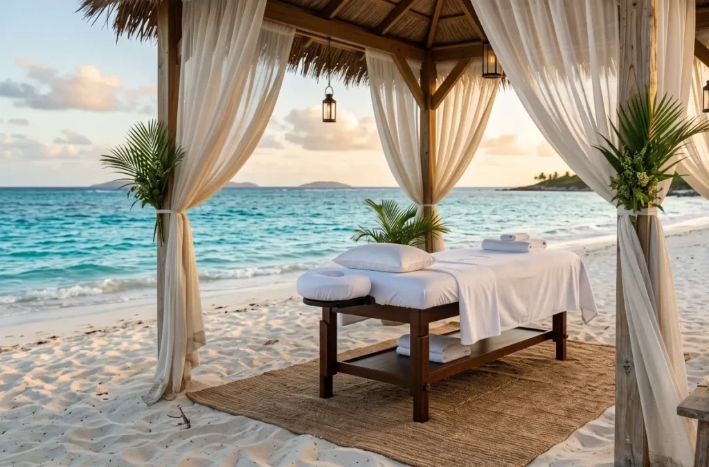 A traditional beach cabana massage setup on the sand in St Martin, contrasting with exclusive bespoke in-villa mobile spa services in SXM.