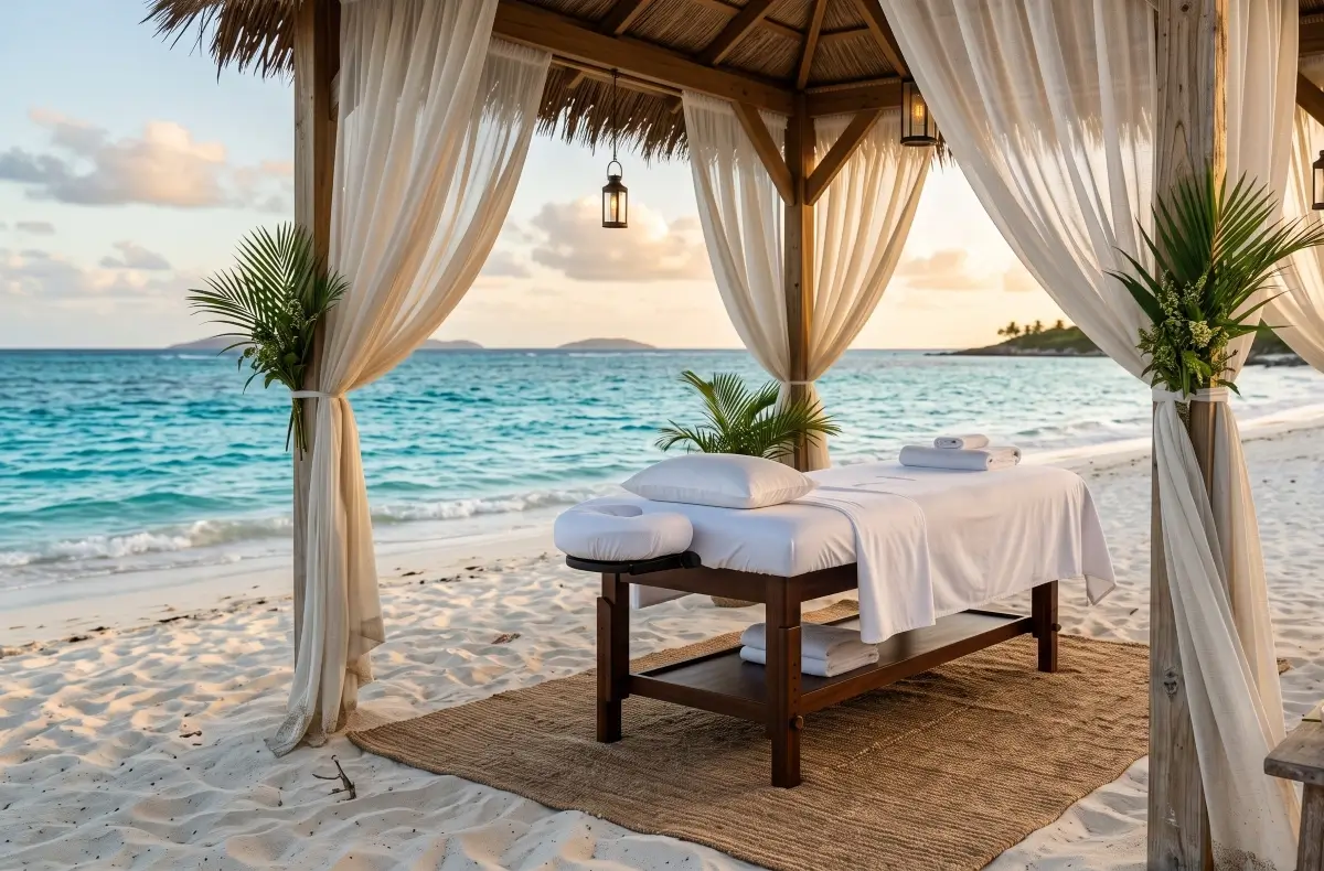 A traditional beach cabana massage setup on the sand in St Martin, contrasting with exclusive bespoke in-villa mobile spa services in SXM.