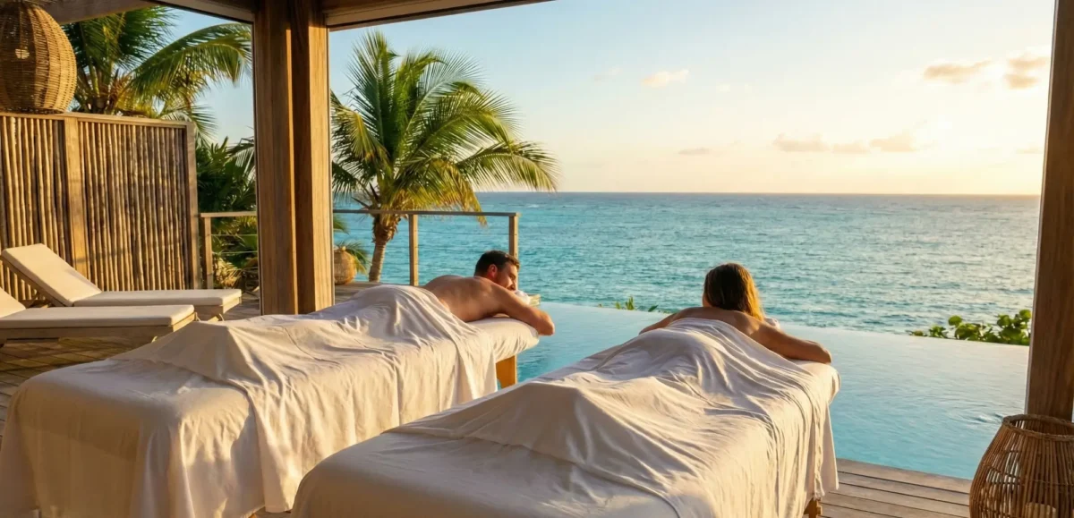 Exclusive side-by-side couples massage ritual on a luxury private villa terrace overlooking the Caribbean Sea and an infinity pool in St Martin.