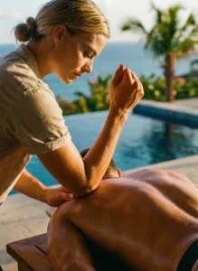 Therapist performing a therapeutic Deep Tissue Restoration Massage Saint Martin to relieve muscle tension