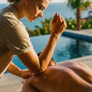 Therapist performing a therapeutic Deep Tissue Restoration Massage Saint Martin to relieve muscle tension