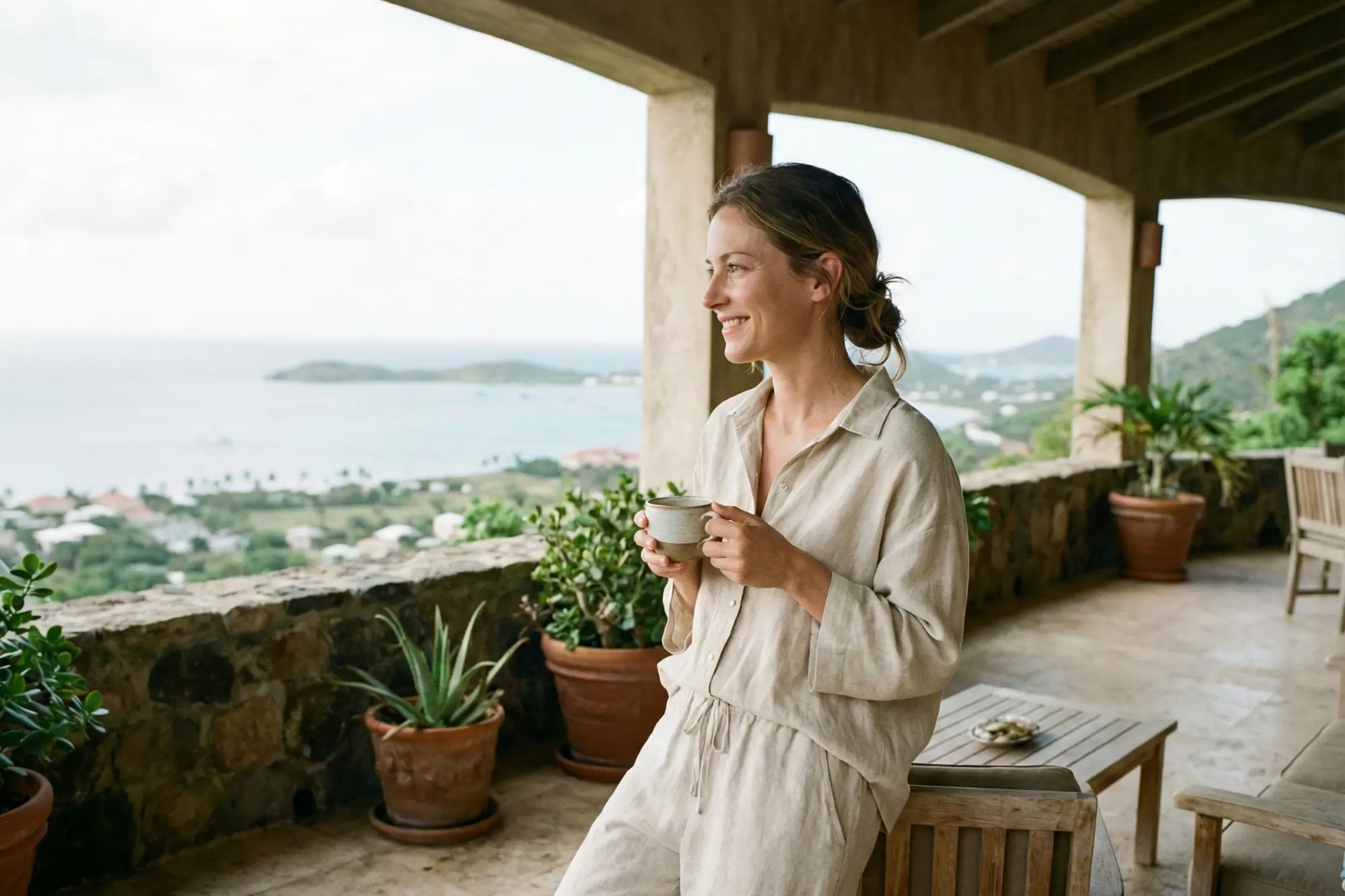 Saint Martin resident enjoying a peaceful post-treatment moment on a private villa terrace, illustrative of the Uhaina Home Massage resident membership lifestyle.