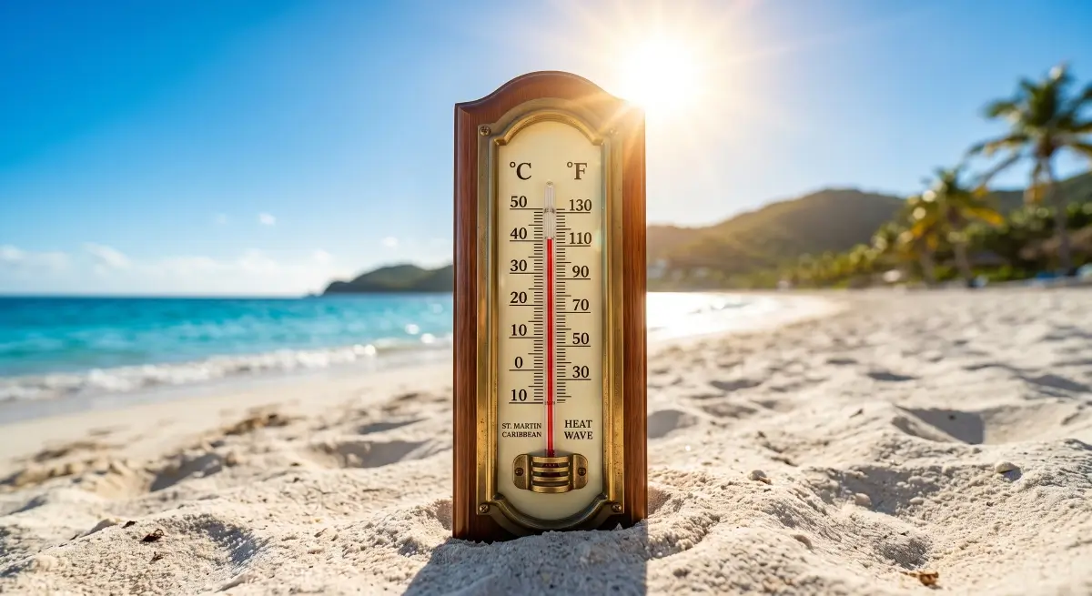 A vintage thermometer in the hot sand of a St Martin beach, highlighting the overheating risks of an outdoor massage compared to the comfort of an air-conditioned bespoke in-villa mobile spa service in SXM.