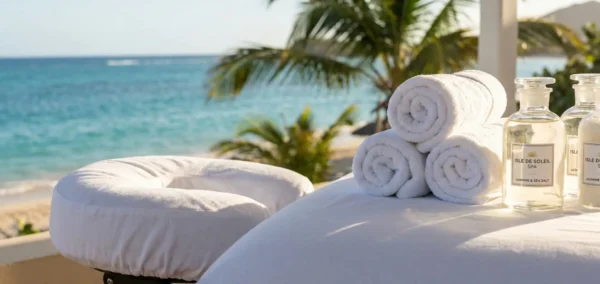 vue tetière, serviettes, Orient Bay, Saint Martin (sxm) Relaxing home massage in Saint Martin for naturism lovers