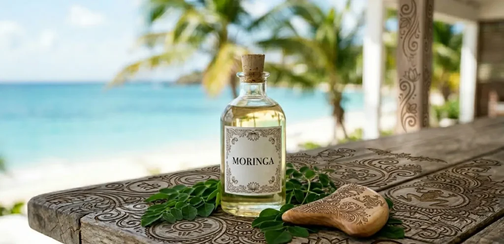 Bottle of Moringa tree oil on a table carved with arawak signs in St Martin