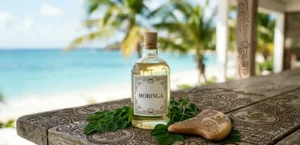 Bottle of Moringa tree oil on a table carved with arawak signs in St Martin