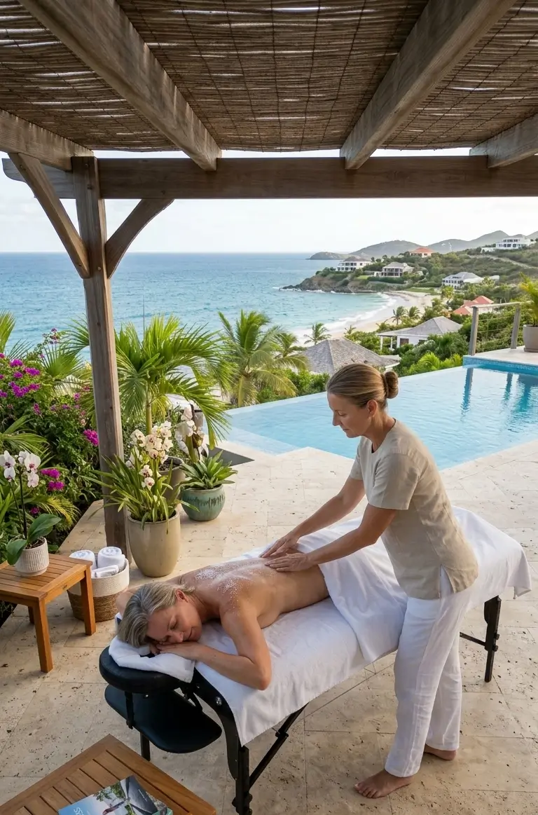 An expert therapist providing a bespoke massage on a shaded luxury villa terrace overlooking an infinity pool in St Martin, demonstrating the uncompromising privacy of our elite in-villa mobile spa services in SXM.