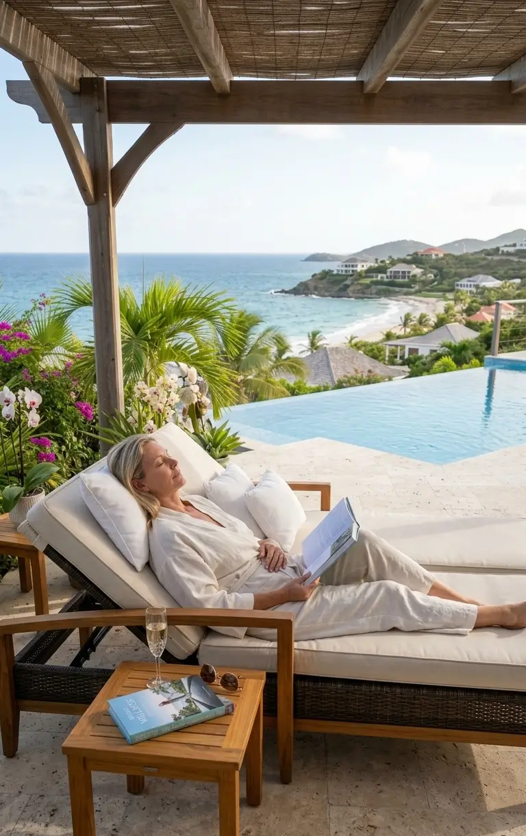 A relaxed guest enjoying her post-massage glow in a robe on a shaded luxury villa terrace in St Martin, illustrating the ultimate comfort of our elite in-home massage SXM compared to a sweltering beach session.