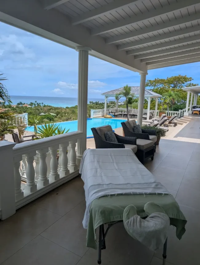 Massage table setup at villanles oiseaux by the pool, terres basses, St Martin