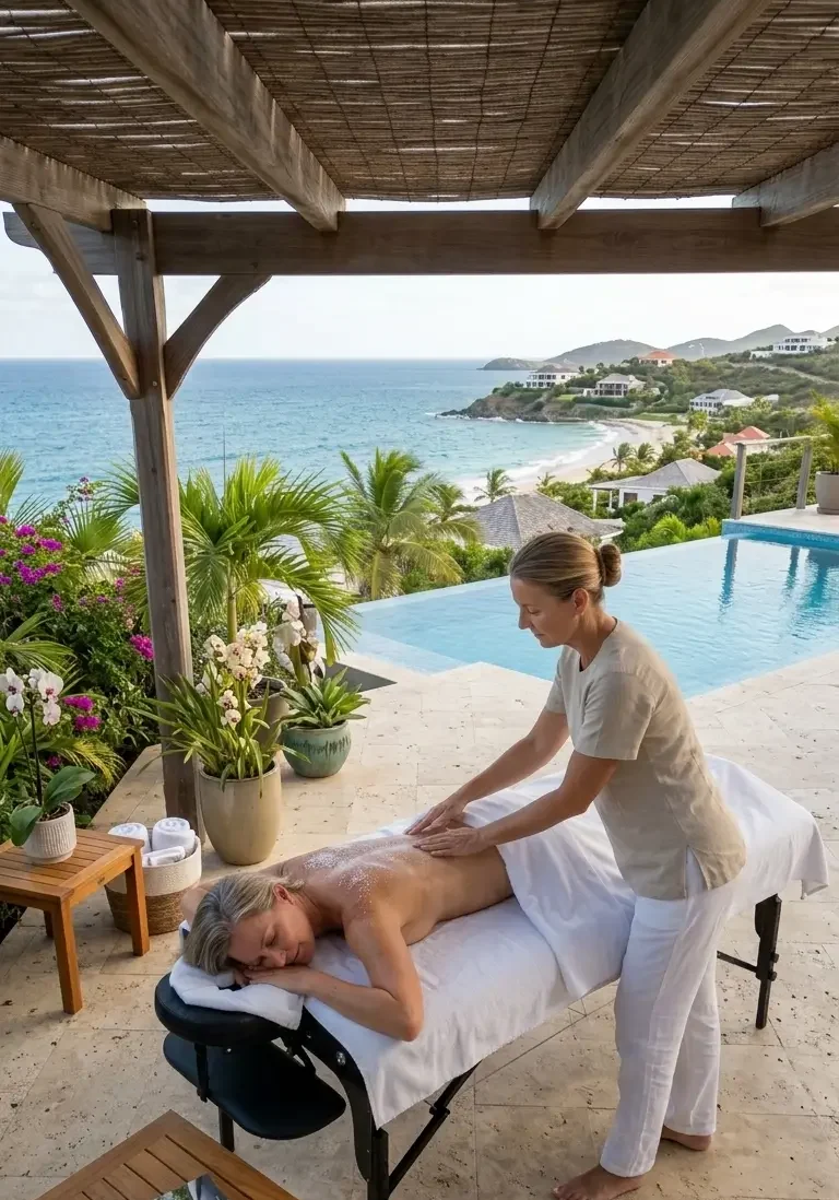 An expert therapist providing a bespoke massage on a shaded luxury villa terrace overlooking an infinity pool in St Martin, demonstrating the uncompromising privacy of our elite in-villa mobile spa services in SXM.