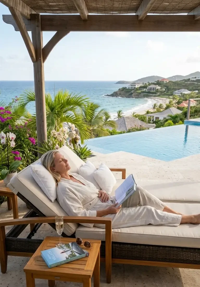 A relaxed guest enjoying her post-massage glow in a robe on a shaded luxury villa terrace in St Martin, illustrating the ultimate comfort of our elite in-home massage SXM compared to a sweltering beach session.